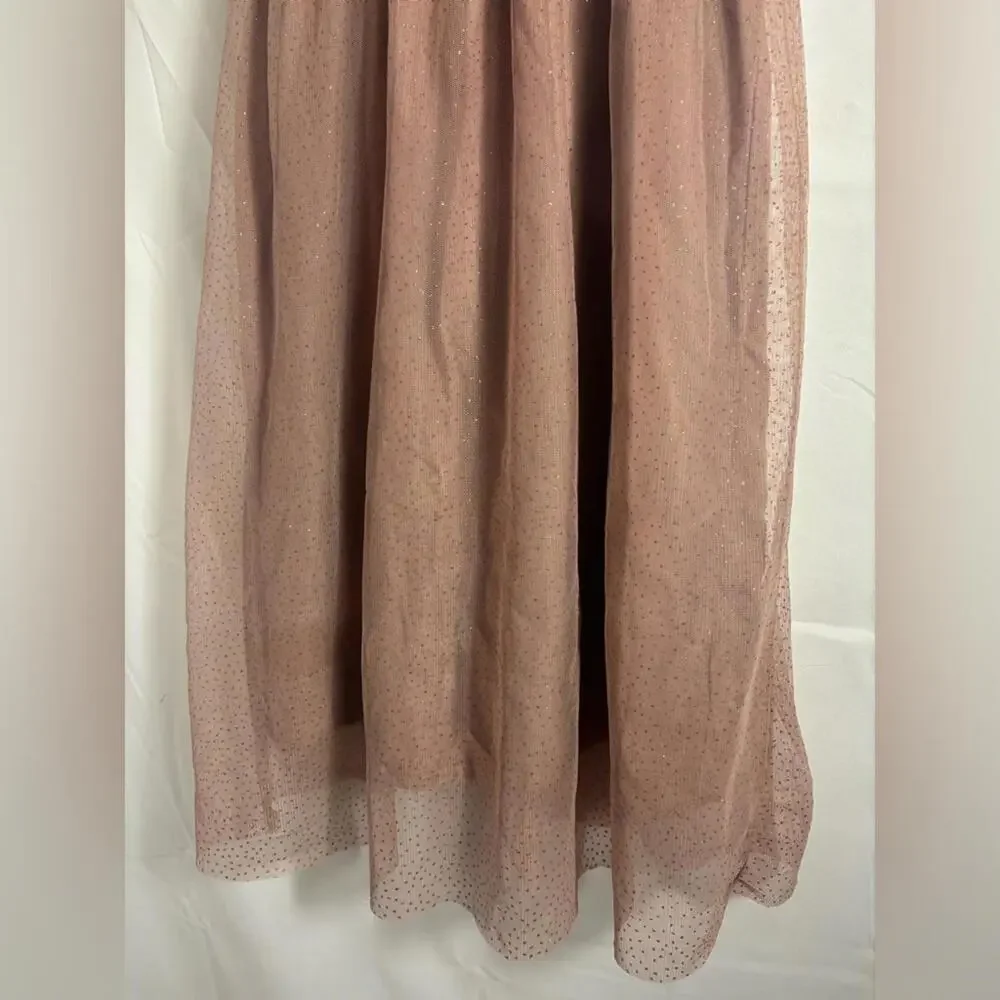 Dusty Rose Glitter Polka Dot Babydoll Cross back Mesh Fairy Midi Dress‎ Size S-M